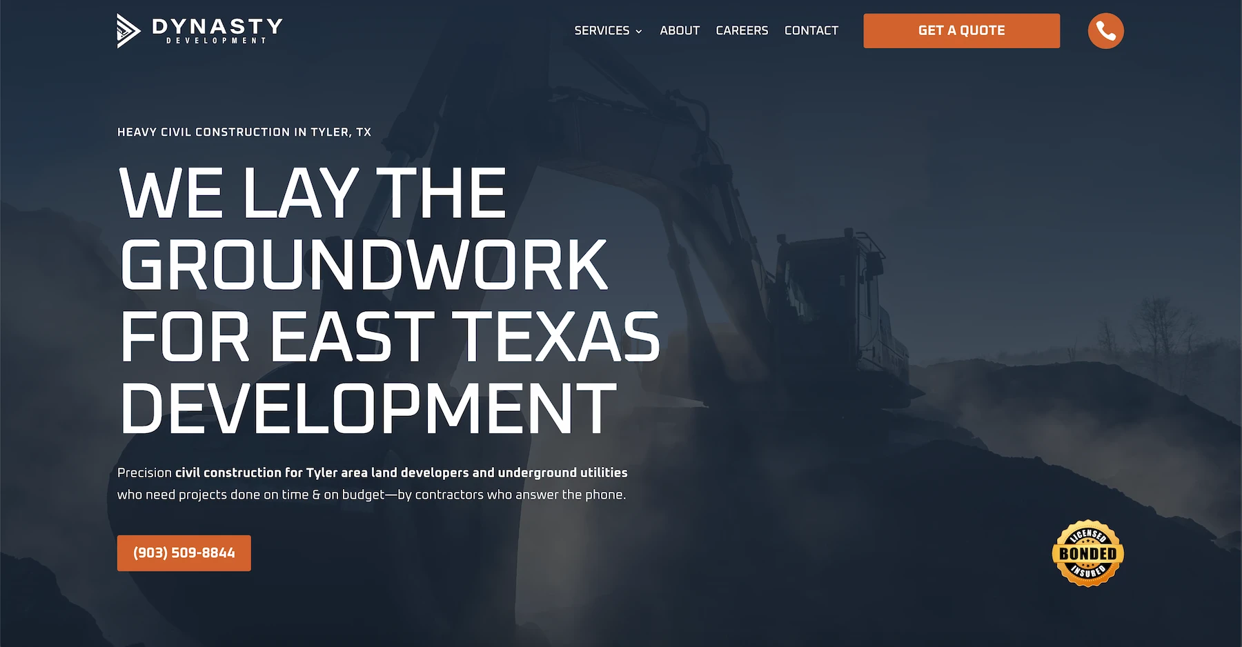 Web design for Dynasty Development land clearing, excavation, and dirt work contractor in Tyler