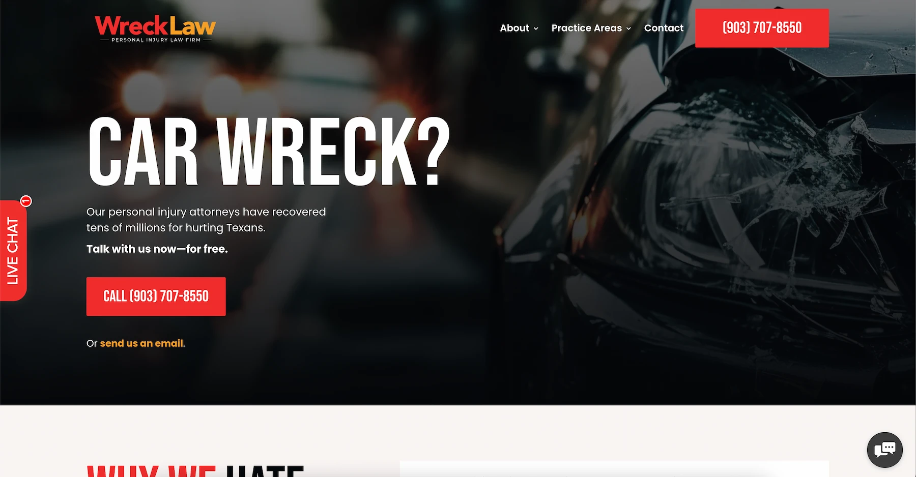 Web design for Wreck Law personal injury attorneys in Tyler, TX