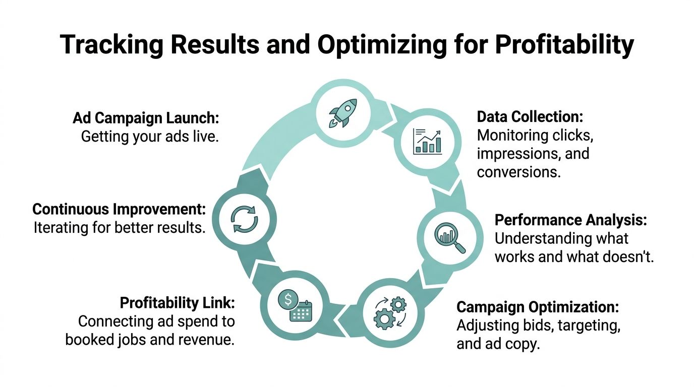 A circular diagram illustrating the process of tracking ad campaign results and optimizing for increased profitability.