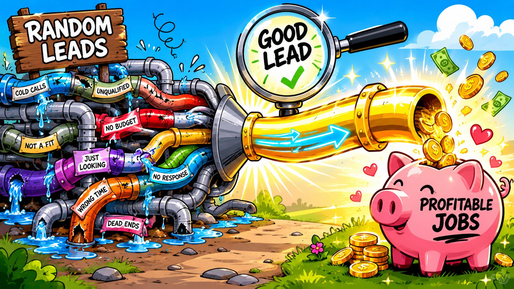 An illustration showing random leads passing through a filter to become profitable jobs for plumbing businesses.