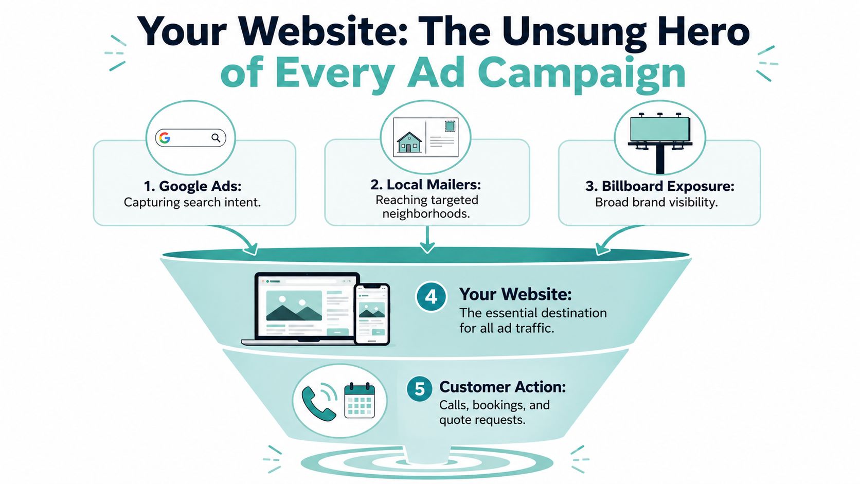 A marketing funnel infographic illustrating how advertising campaigns drive traffic to a business website for customer actions.