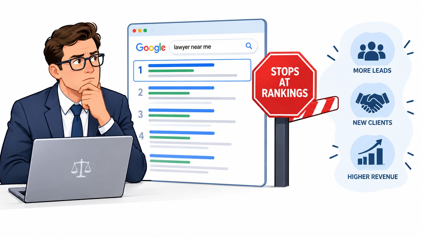A pensive lawyer at a desk looking at Google search results blocked by a stop sign.