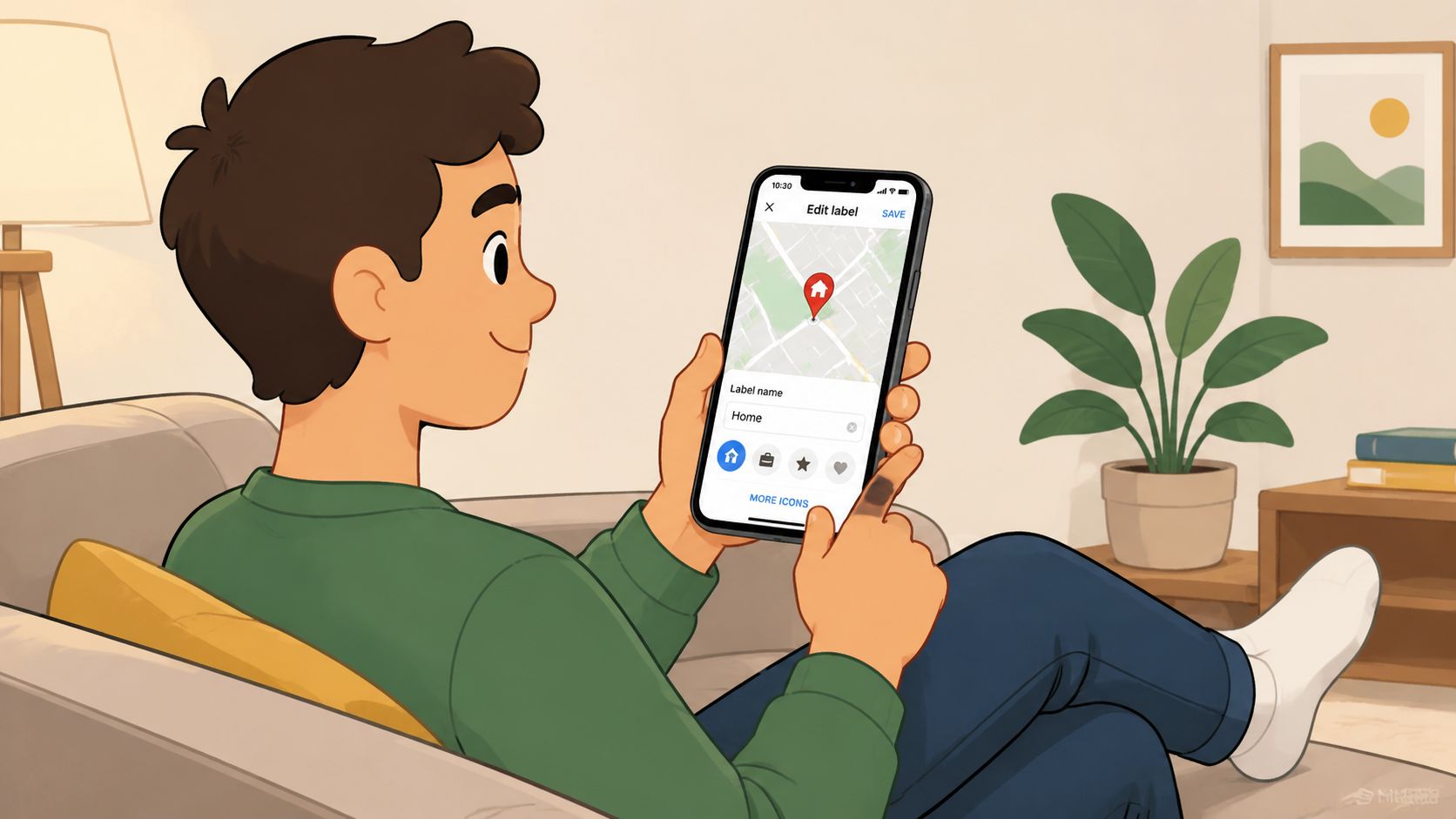 A young man sitting on a sofa while using his smartphone to edit a location label.