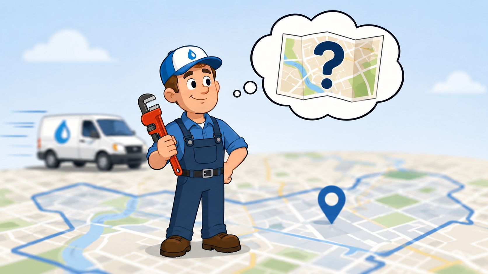 A cartoon plumber standing on a map thinking about directions while a service van drives by.