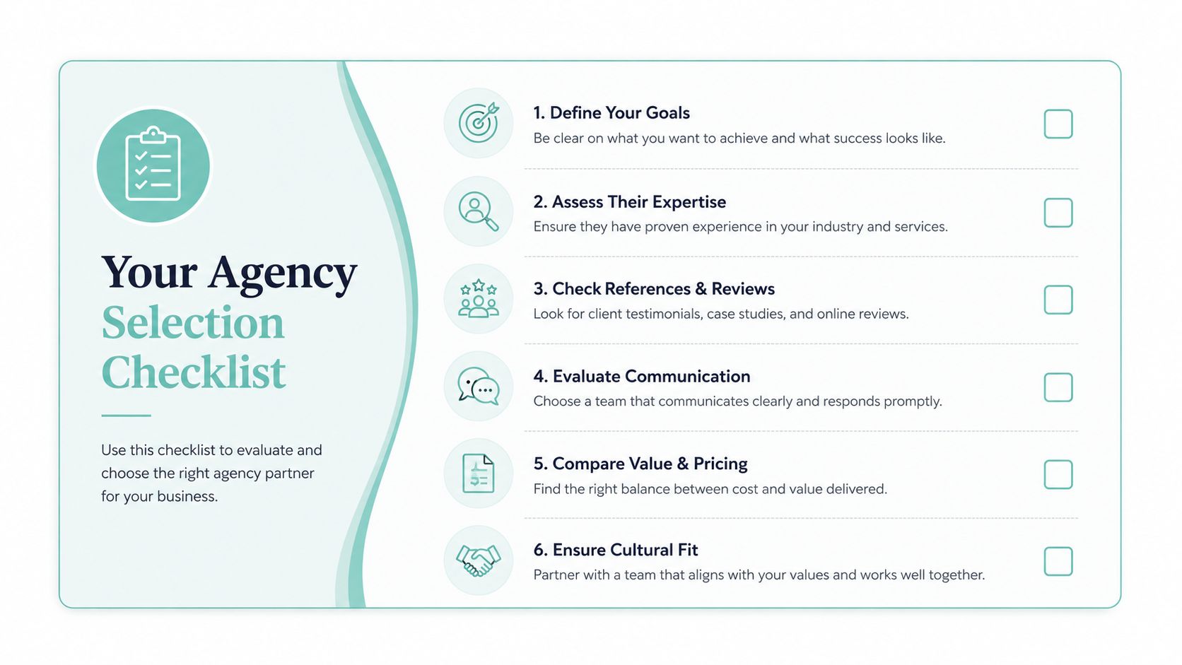 A professional checklist for selecting an agency partner, highlighting six essential steps for business decision-making.