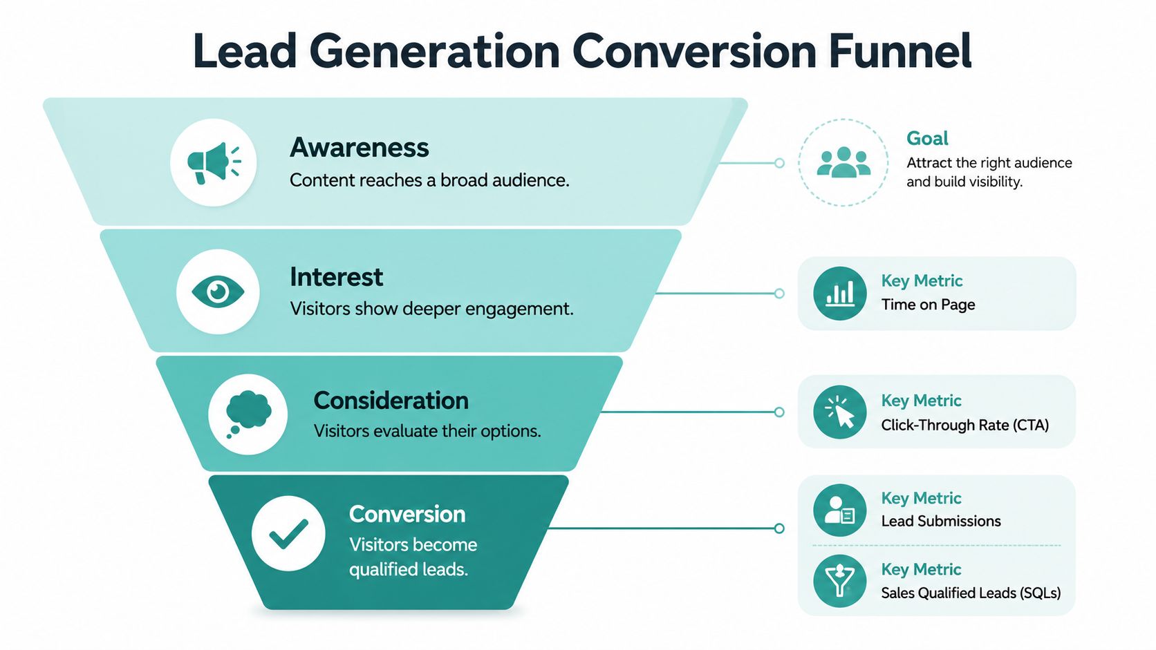 A diagram illustrating the four-stage lead generation conversion funnel with goals and key metrics for each step.