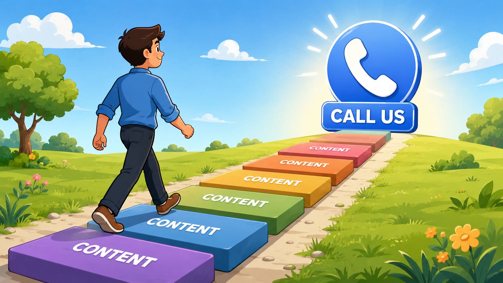 A person walking on colorful stepping stones marked as content leading toward a call us button.