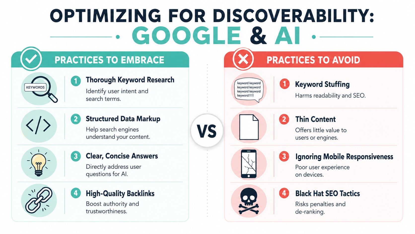 A comparison infographic showing best practices and common mistakes for optimizing content for Google and AI.
