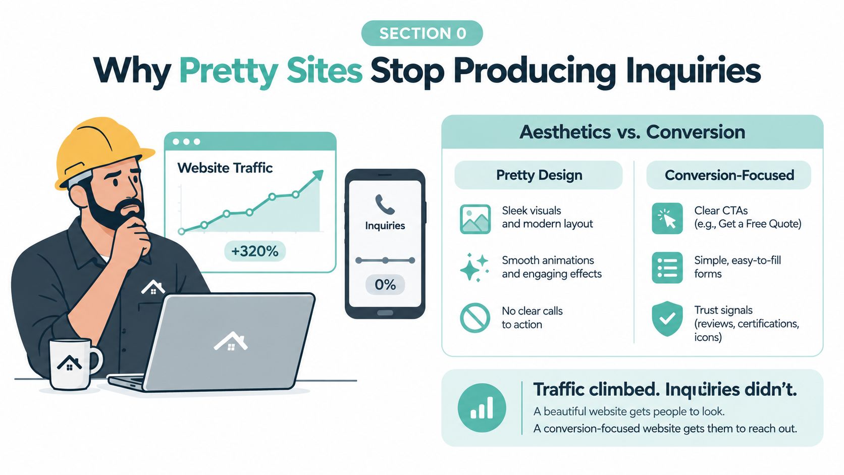 A professional construction worker analyzing a chart showing high traffic but low inquiries for a website design.
