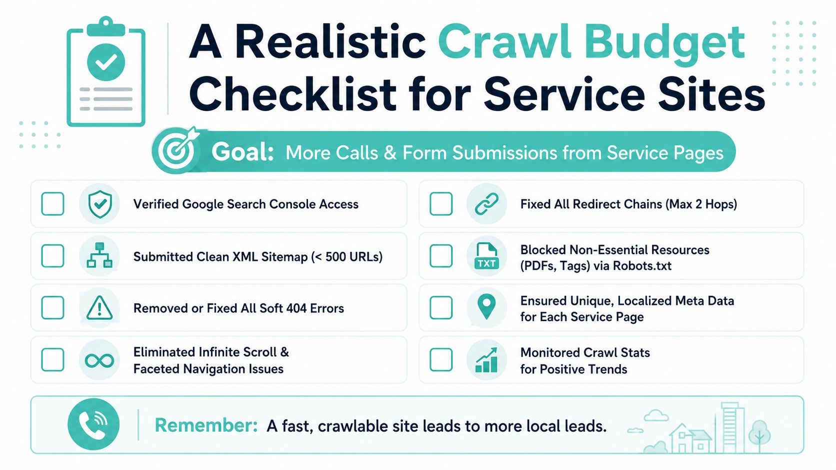 A checklist graphic outlining key steps for optimizing crawl budget on service-based websites for better performance.