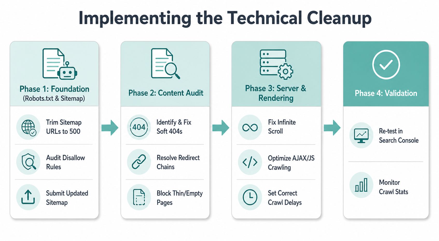 A four-phase infographic explaining the process for implementing technical SEO crawl budget optimization strategies.
