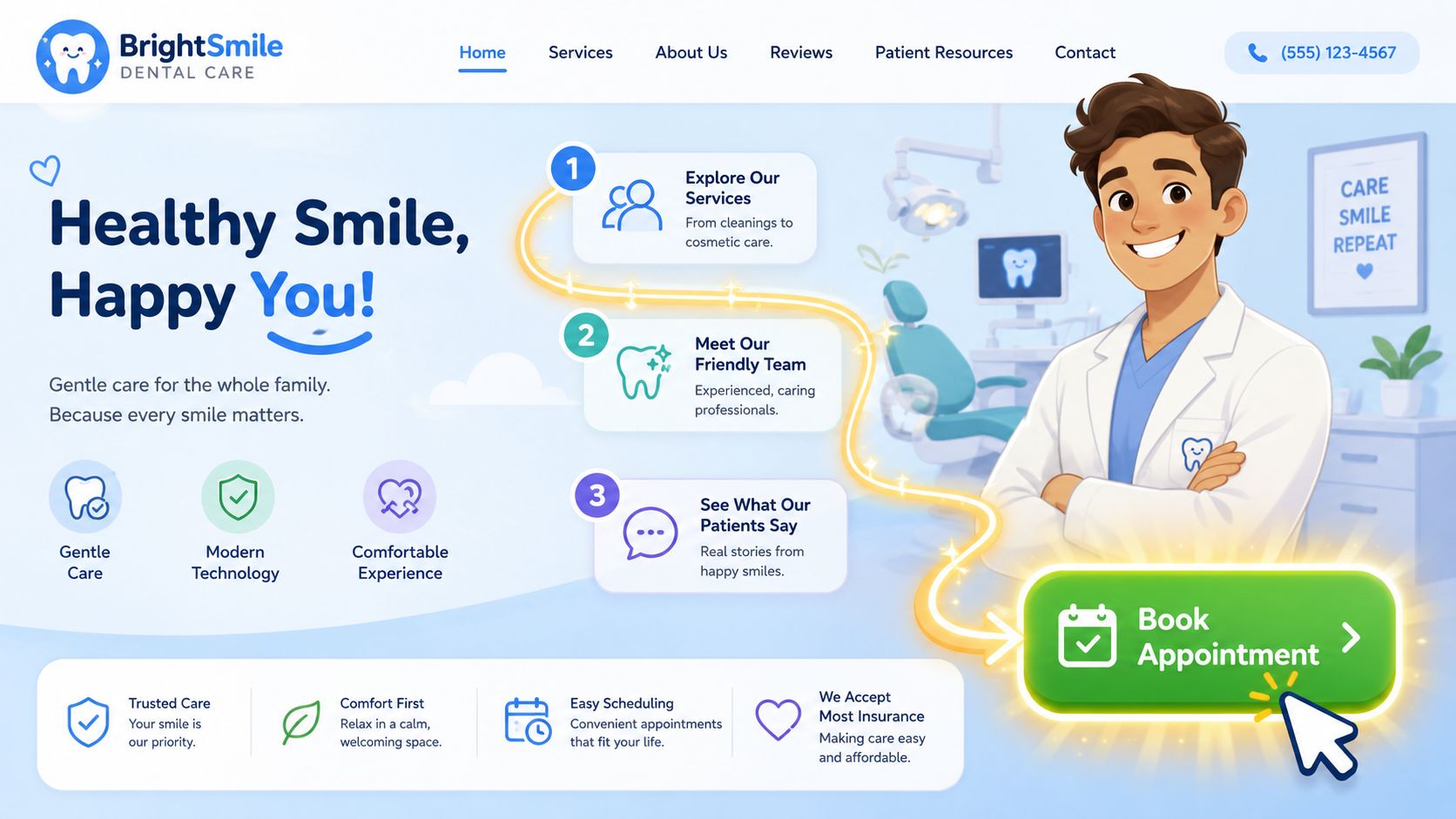 A friendly dentist standing in a modern clinic next to a BrightSmile Dental Care appointment booking button.
