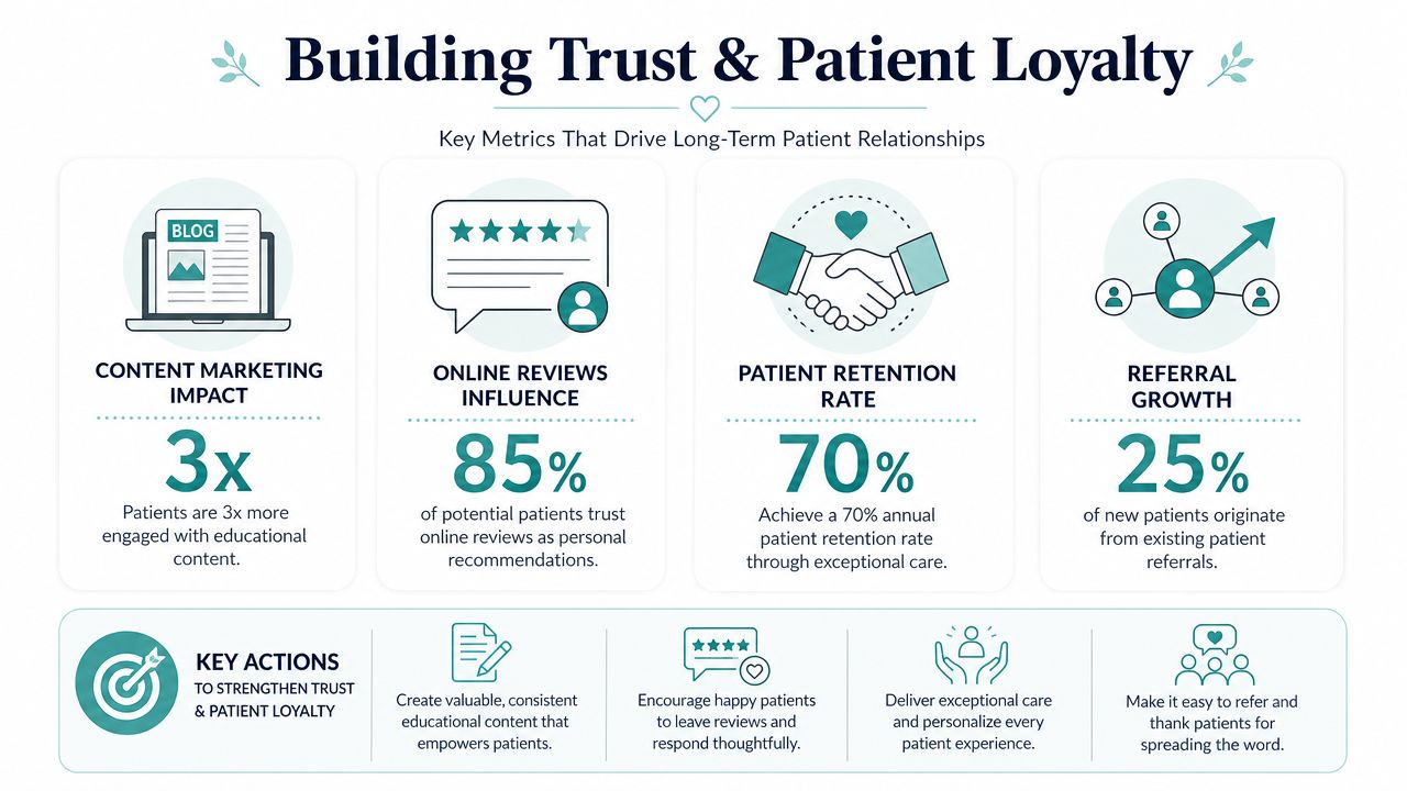 An infographic titled Building Trust & Patient Loyalty illustrating key metrics like content marketing, reviews, retention, and referrals.