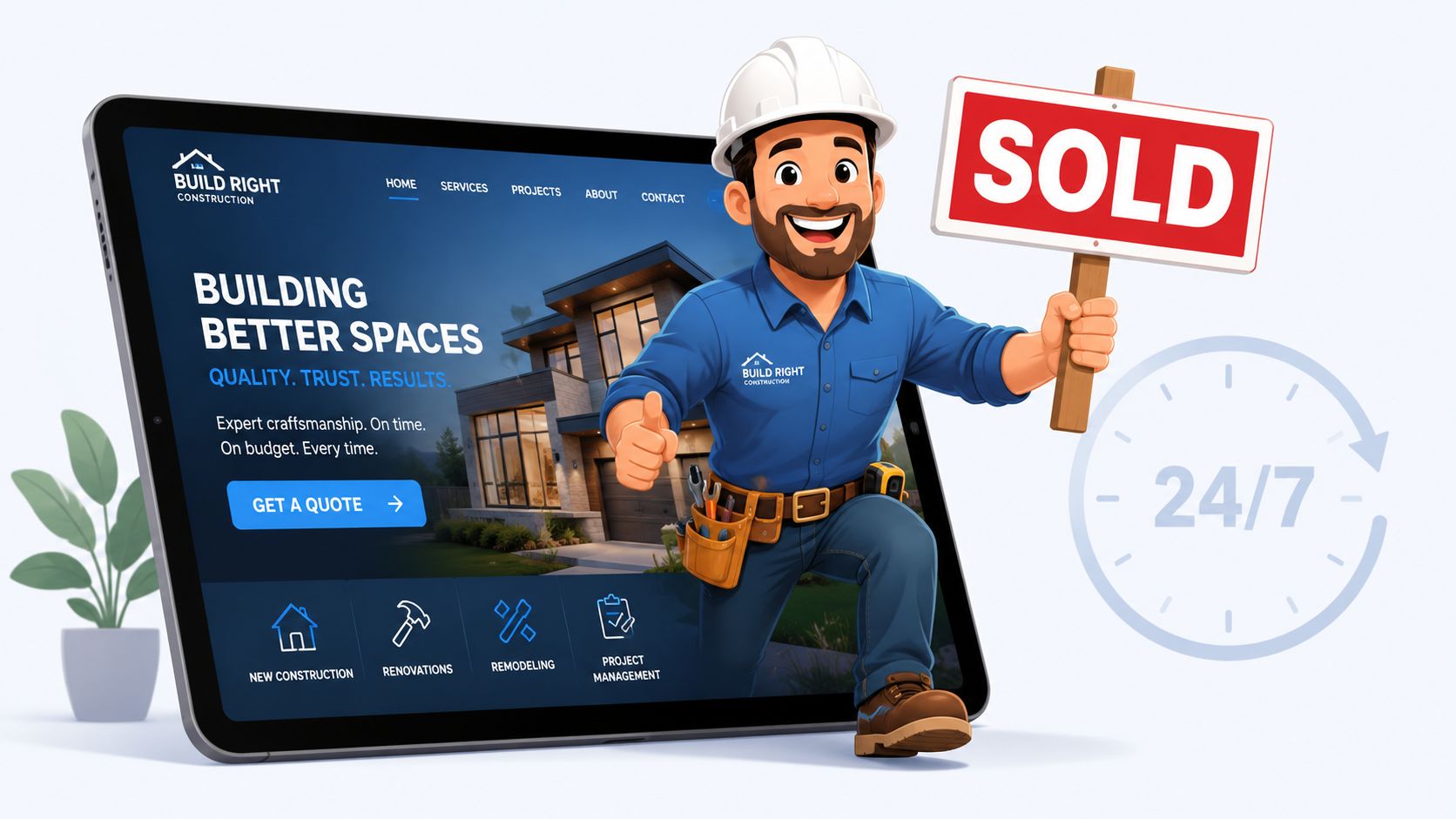 A construction worker cartoon character jumping out of a digital tablet showing a professional contracting website.