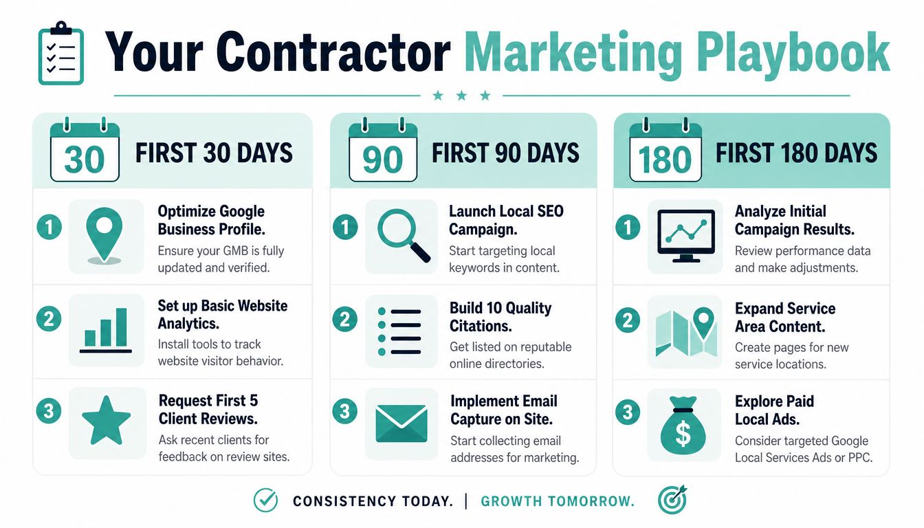 A strategic infographic outlining a three-stage digital marketing plan for contractors over 180 days.
