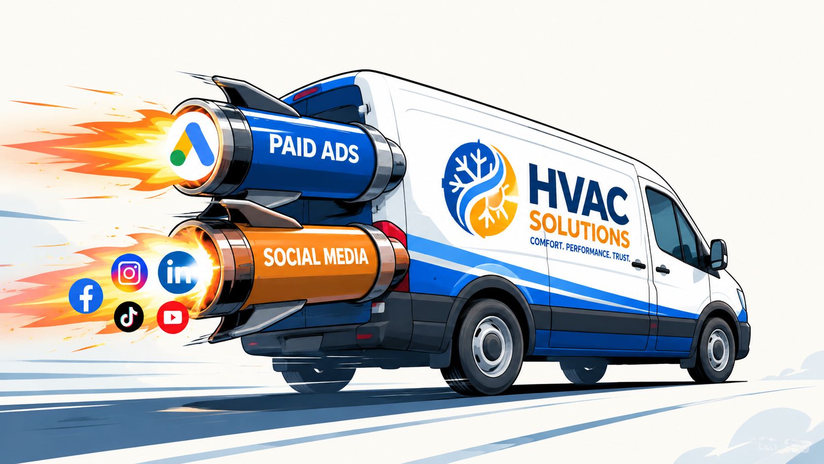 A white HVAC van propelled by rocket boosters labeled Paid Ads and Social Media marketing services.