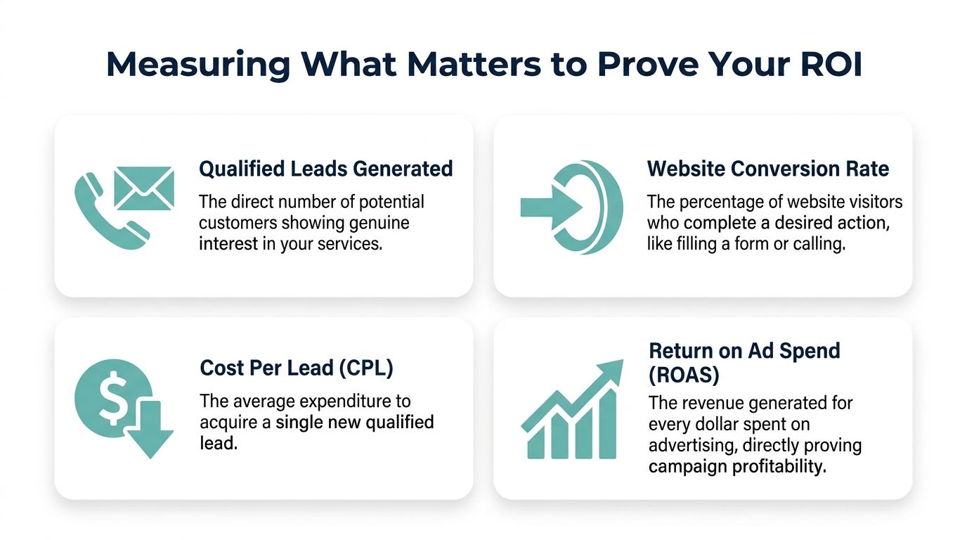 An infographic detailing key performance indicators like leads, conversion rates, and ROAS for measuring marketing success.