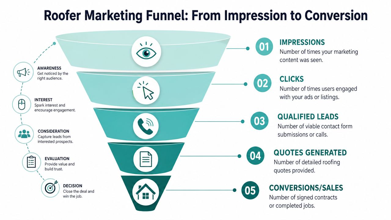 A roofer marketing funnel diagram showing the process from initial impressions to final sales and conversions.