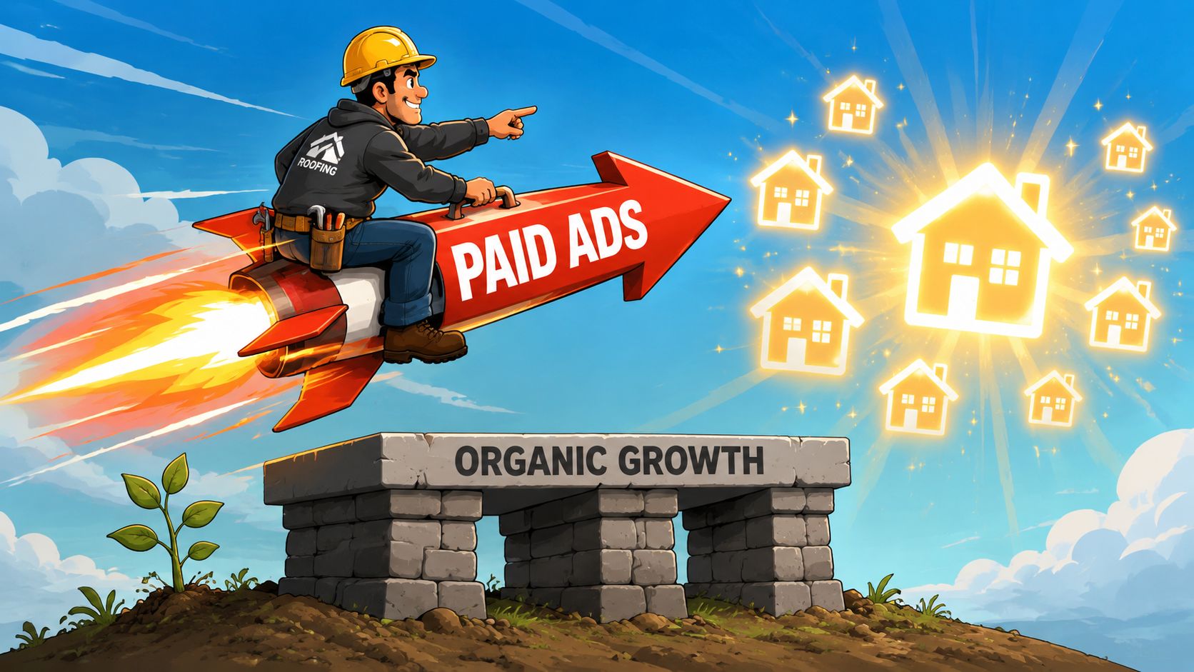 A roofer riding a rocket labeled Paid Ads above a stone platform representing Organic Growth.