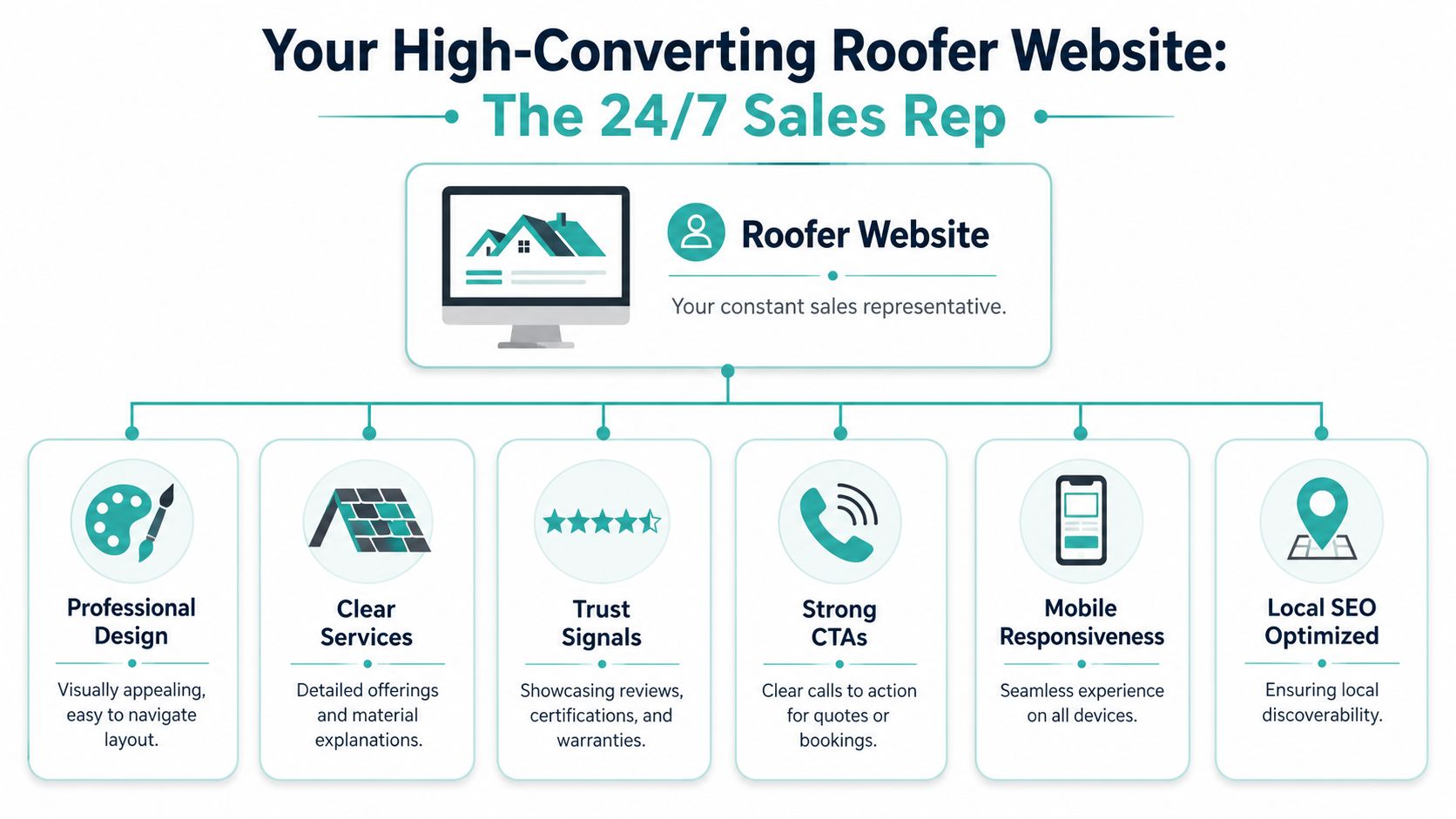 A diagram illustrating the essential components of a high-converting roofer website for digital marketing success.