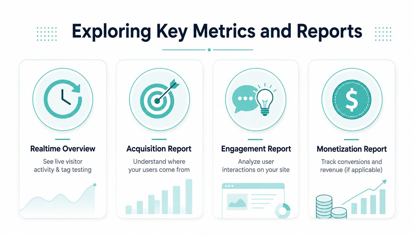 A visual guide summarizing Google Analytics reports: Realtime, Acquisition, Engagement, and Monetization for tracking website visitor performance.
