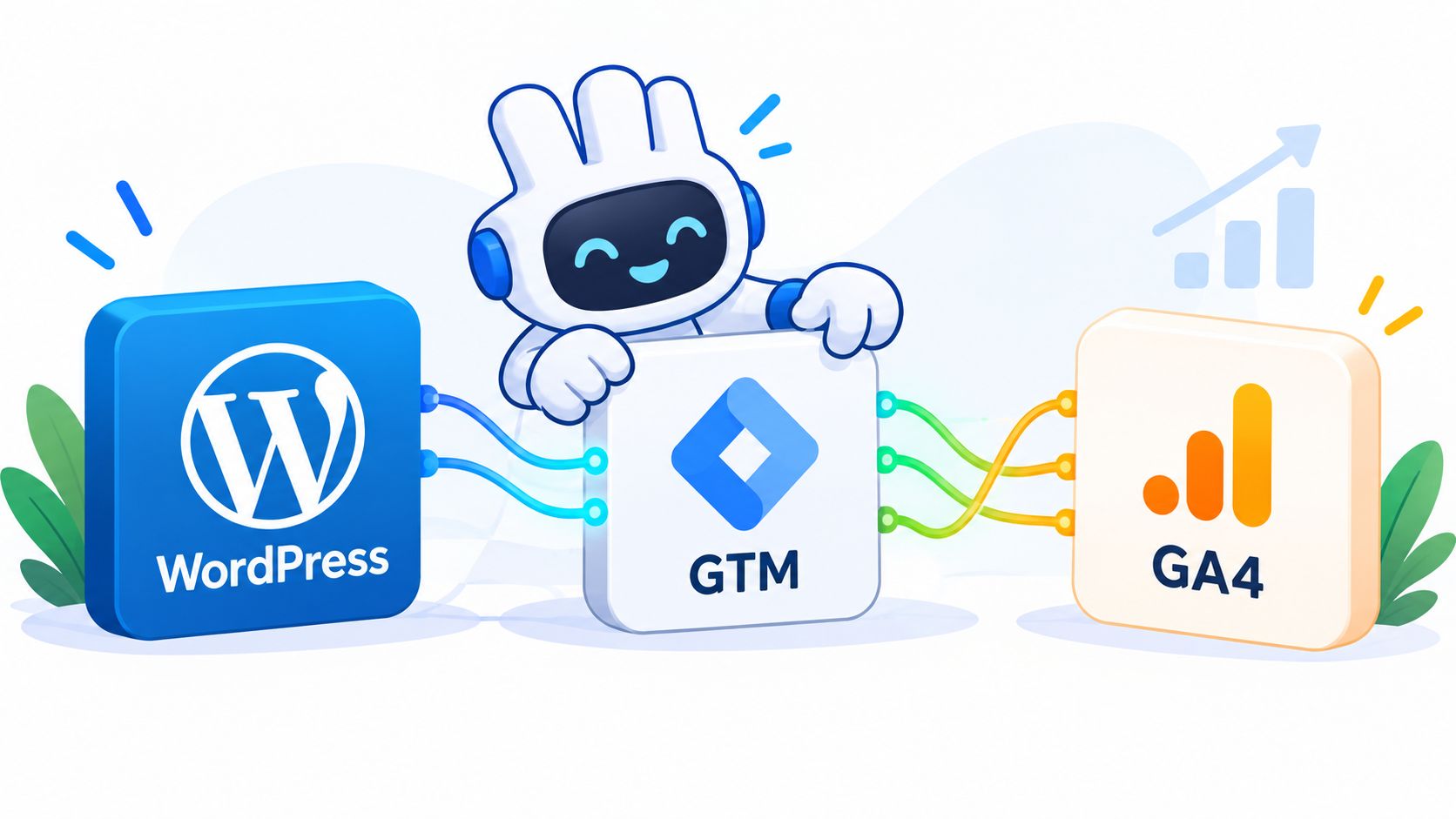 A friendly robot connecting WordPress, Google Tag Manager, and Google Analytics 4 for website data tracking.