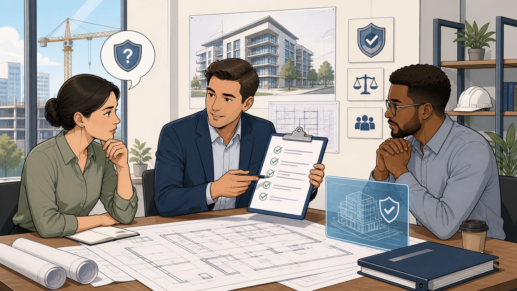 A professional team discussing construction project plans and legal requirements in a modern architecture office meeting.