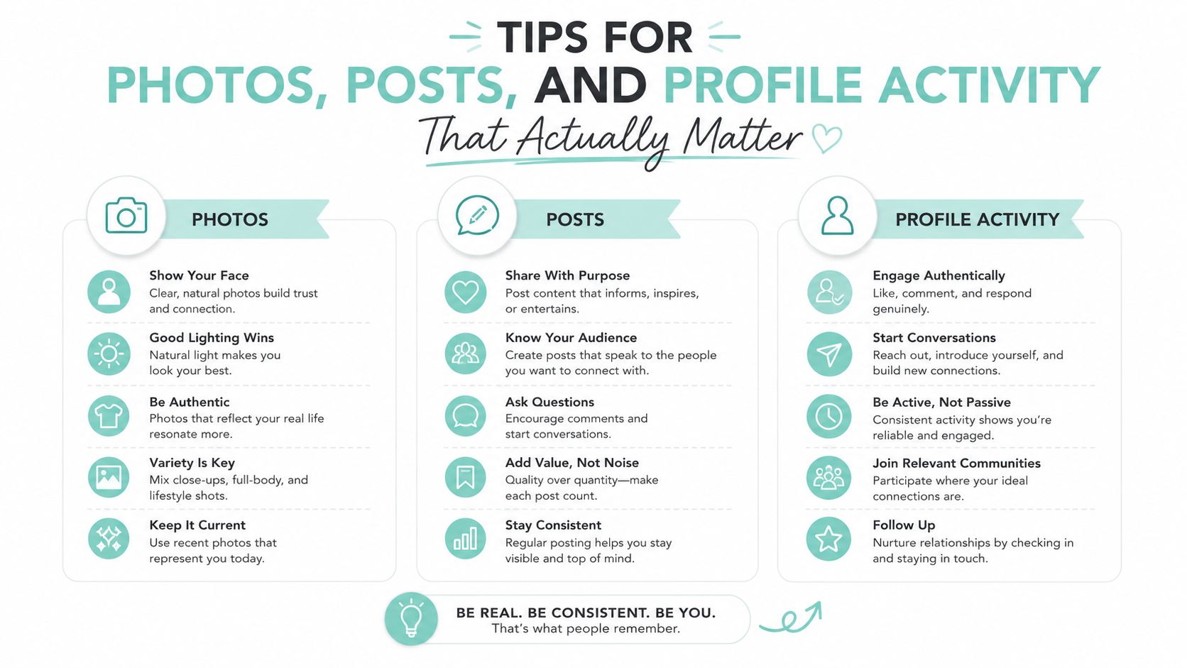 A graphic providing tips for photos, social media posts, and profile activity to build professional engagement.