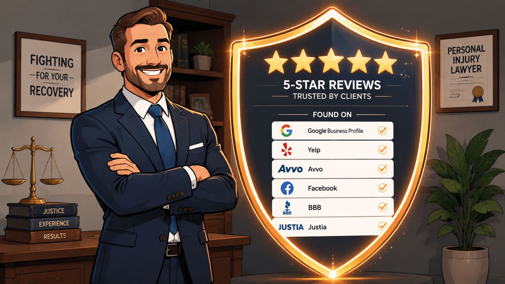 A professional personal injury lawyer standing in an office next to a five-star review trust badge.