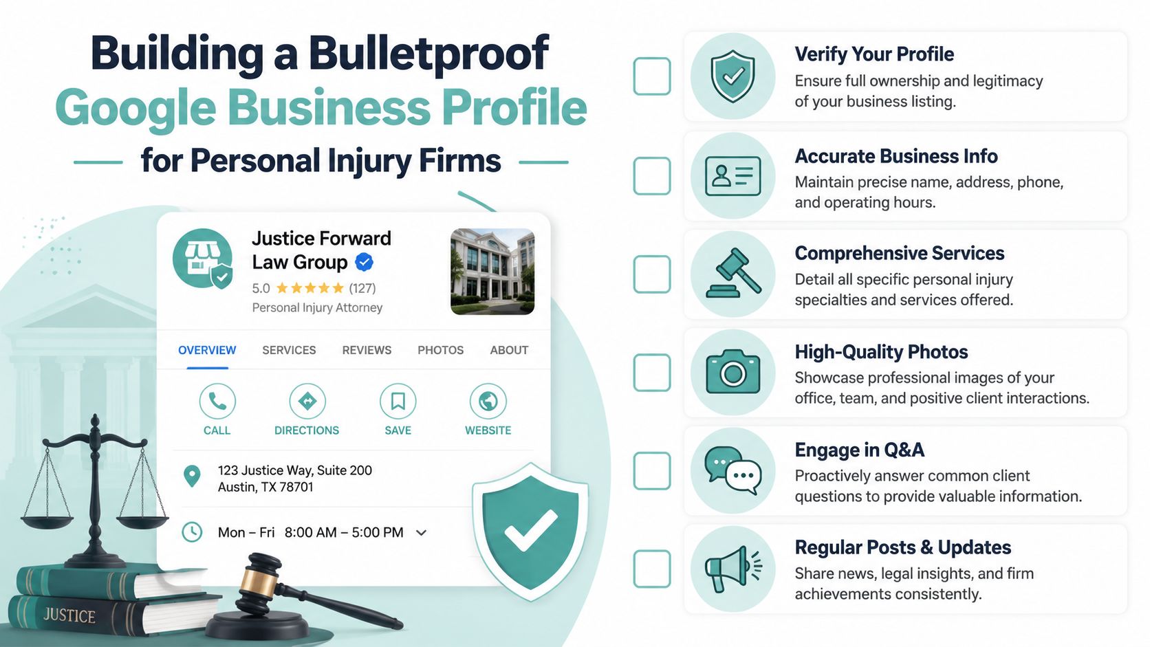 An infographic detailing essential steps for optimizing a Google Business Profile for personal injury law firms.