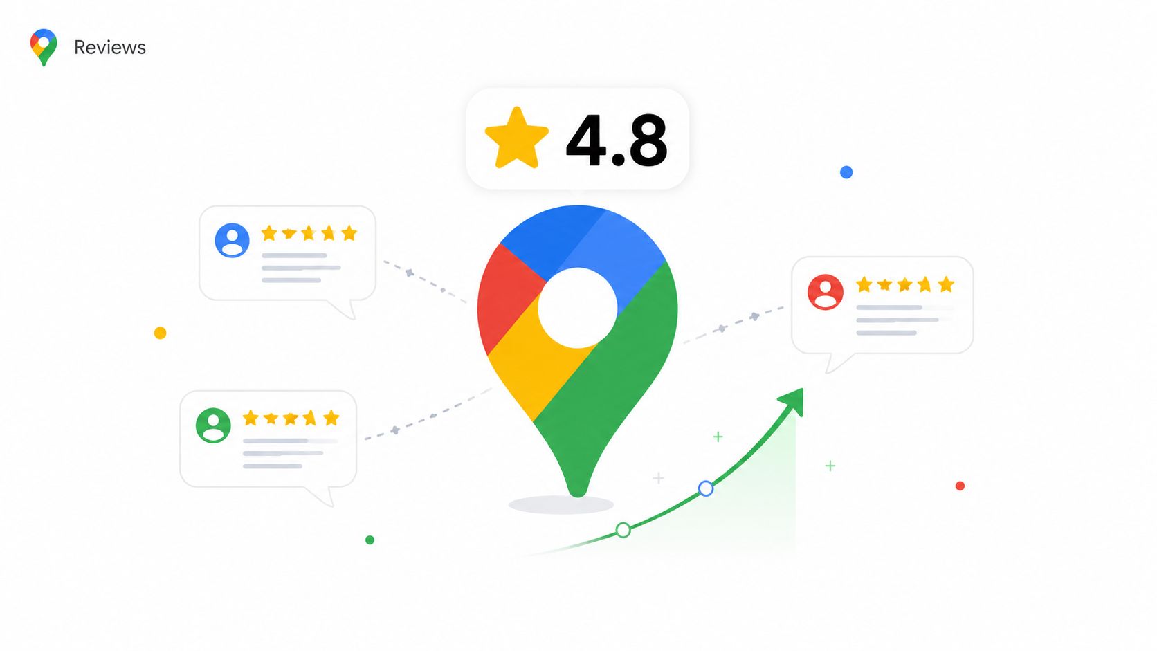 A graphic illustration depicting a Google Maps pin icon with a 4.8 rating and review bubbles.