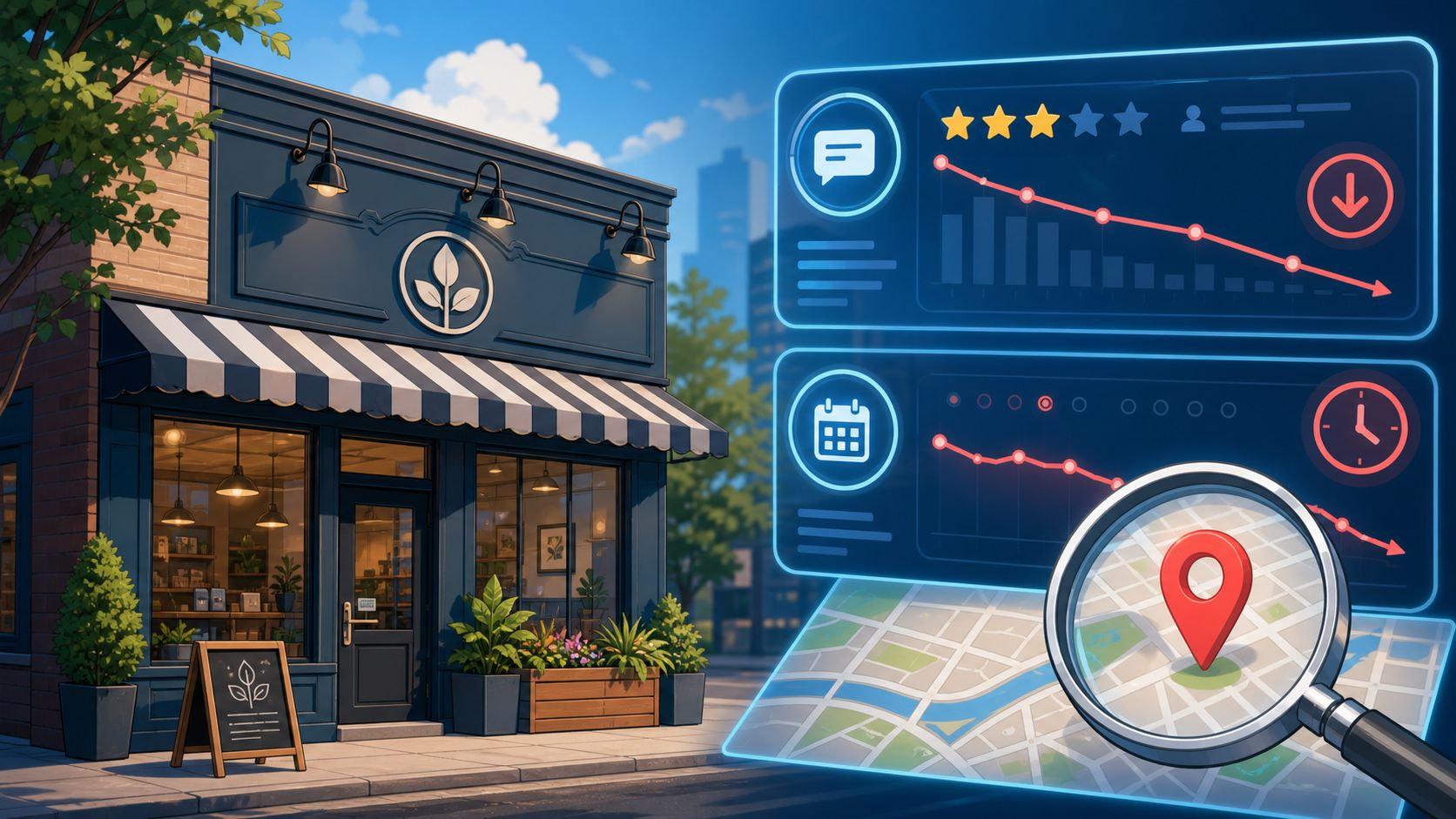 A digital storefront with holographic data charts showing declining review trends and a magnifying glass on a map.