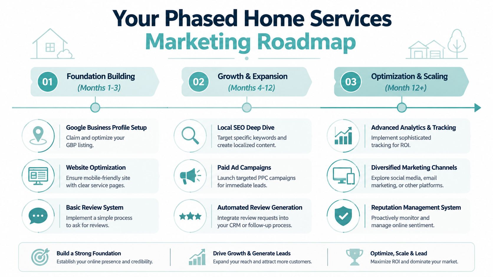 A phased marketing roadmap for home services businesses detailing steps from foundation to scaling and growth.