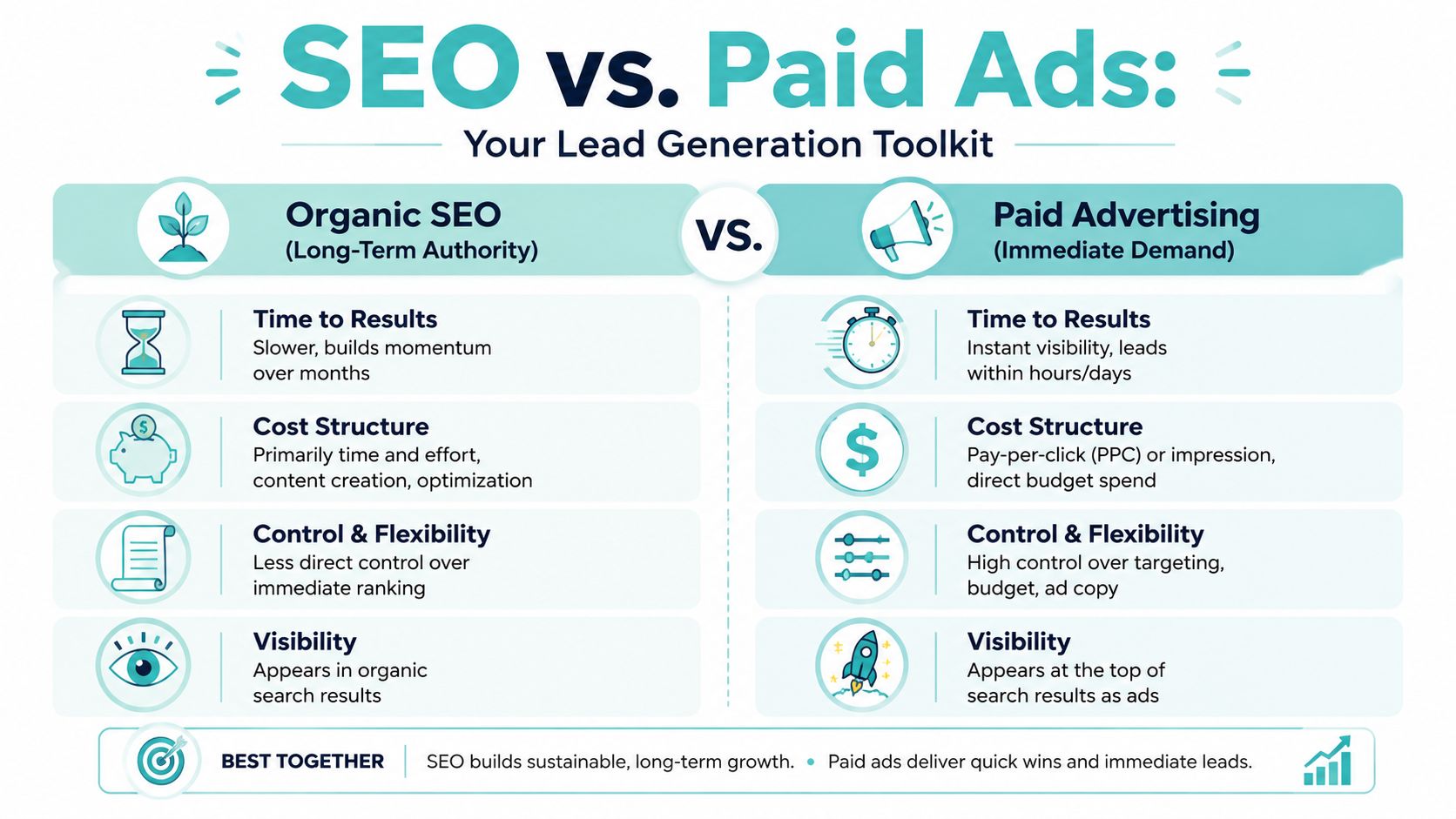 A comparison infographic between organic SEO for long-term growth and paid advertising for immediate leads.