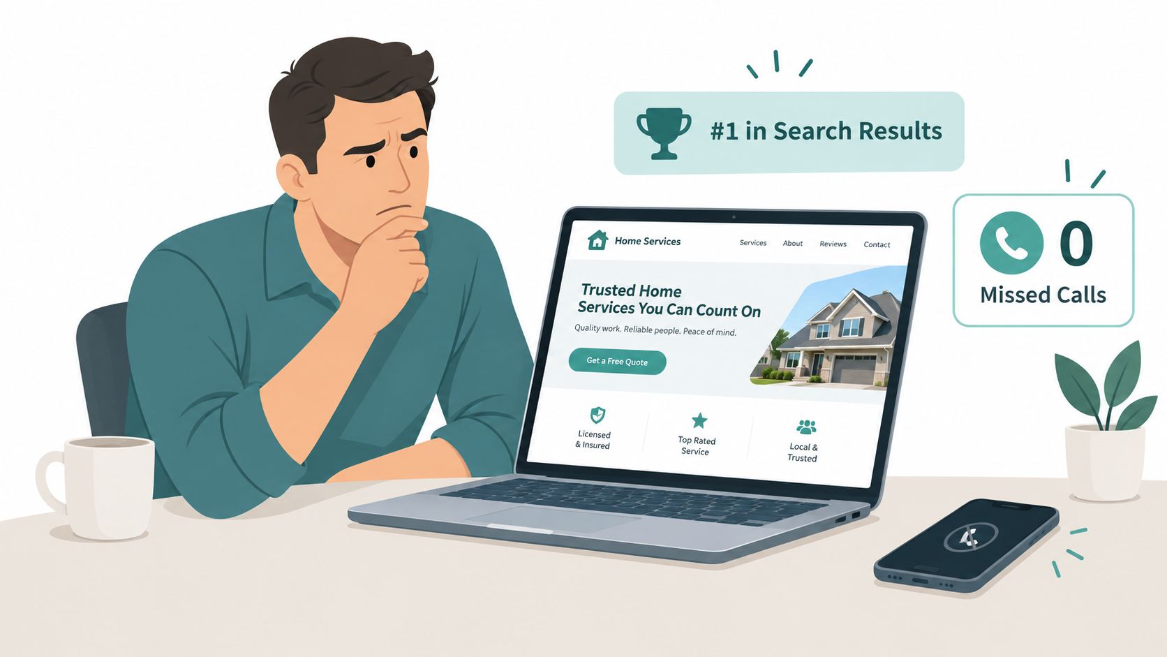 A concerned business owner looking at a professional home services website design on a laptop computer screen.