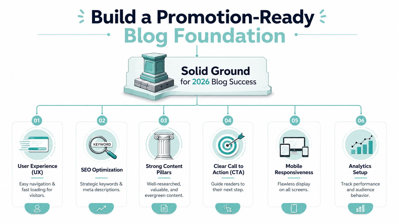 A visual guide illustrating six key pillars for building a successful, promotion-ready blog foundation in 2026.