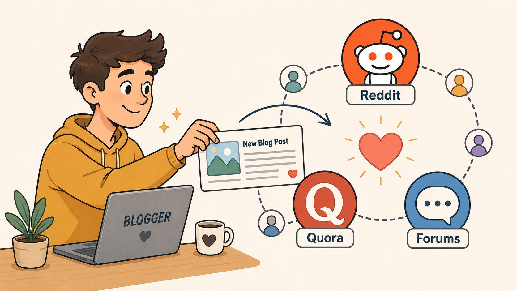 A blogger promoting a new blog post on Reddit, Quora, and forums to gain engagement and love.