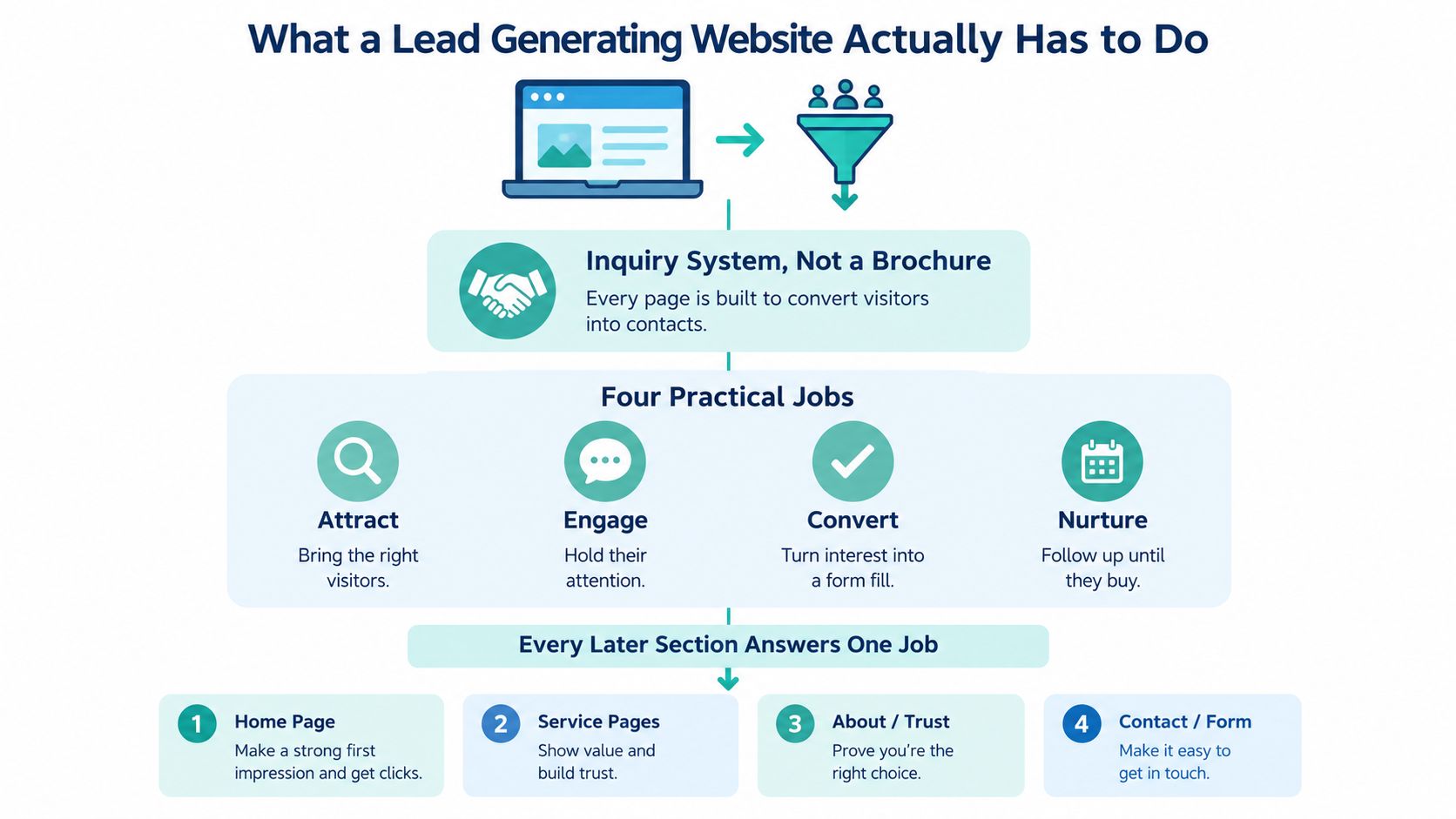 A diagram illustrating the essential stages of building a website that generates business leads and converts visitors.