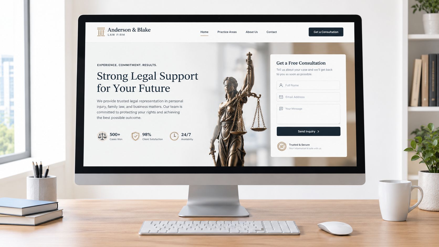 A modern computer screen displaying the professional law firm website of Anderson & Blake with contact form.