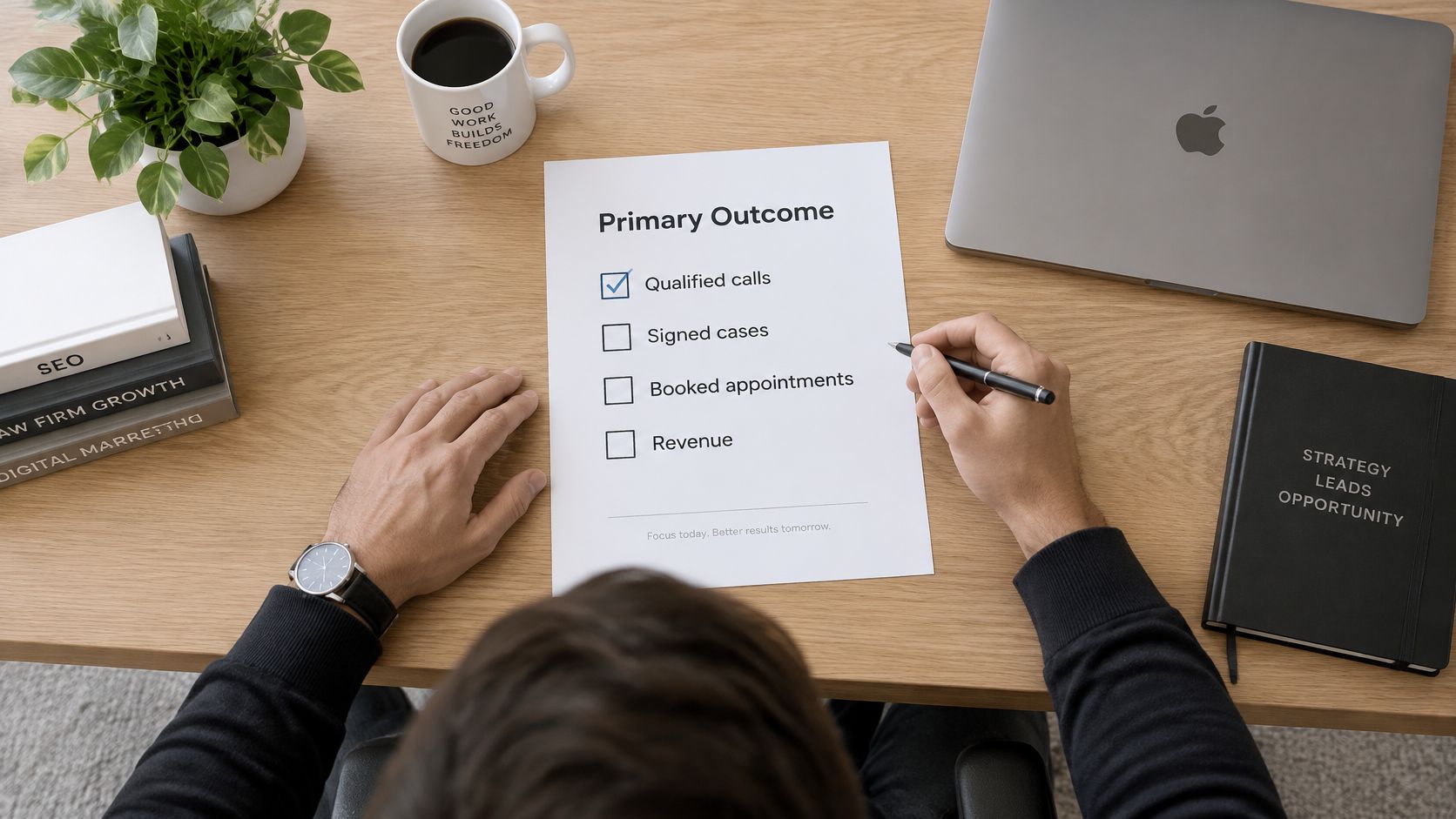 A person sitting at a wooden desk with a laptop and a checklist titled Primary Outcome.