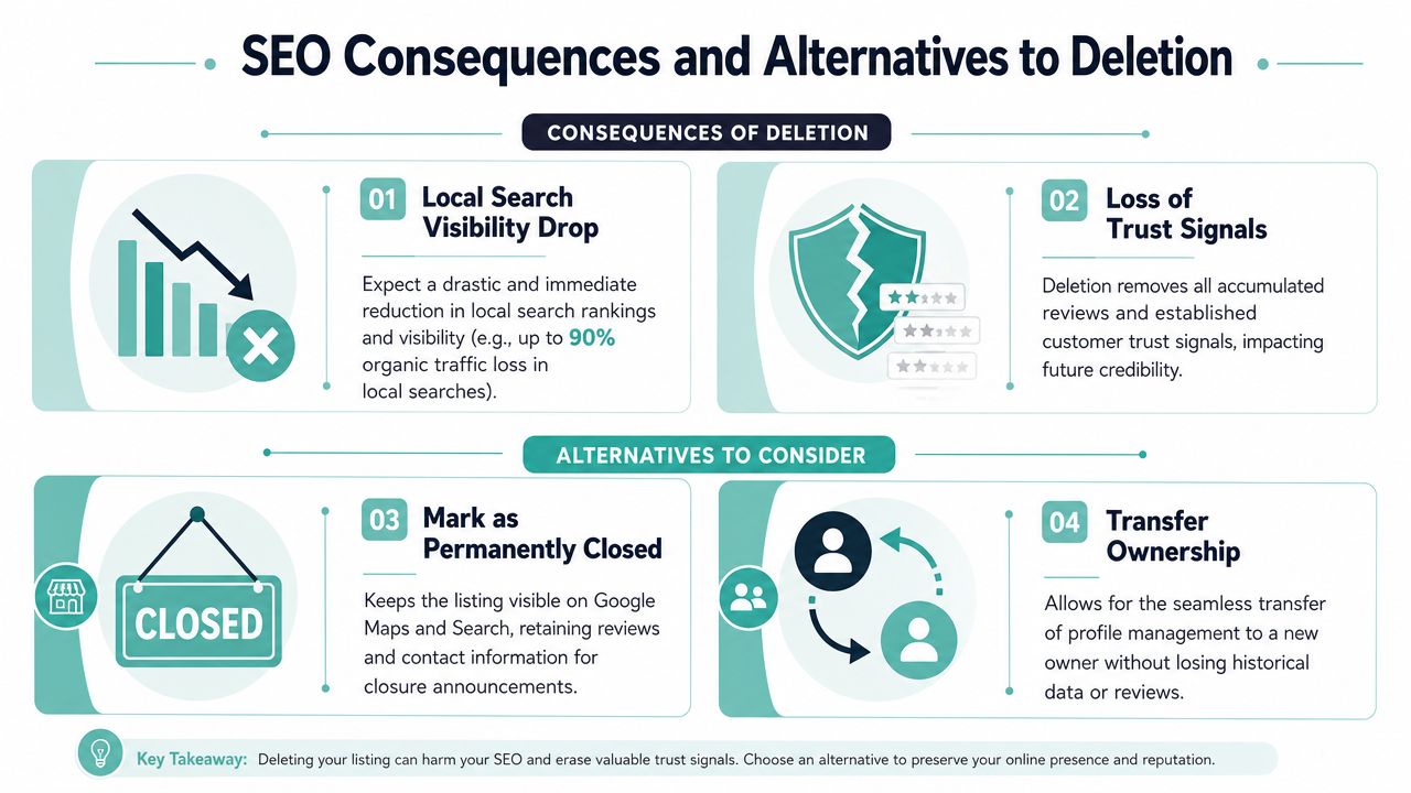 An infographic showing the SEO consequences of deleting a business listing versus better alternatives to consider.