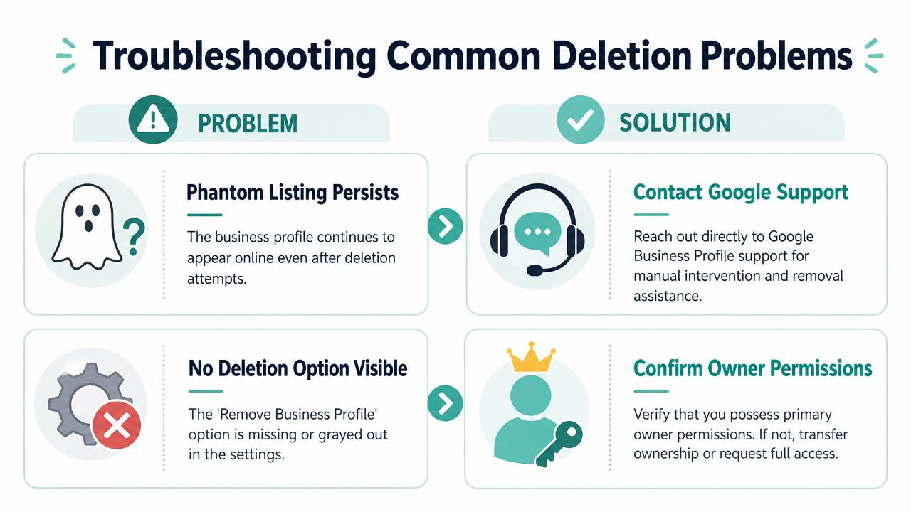 A troubleshooting guide showing how to resolve common issues when deleting a Google Business Profile.