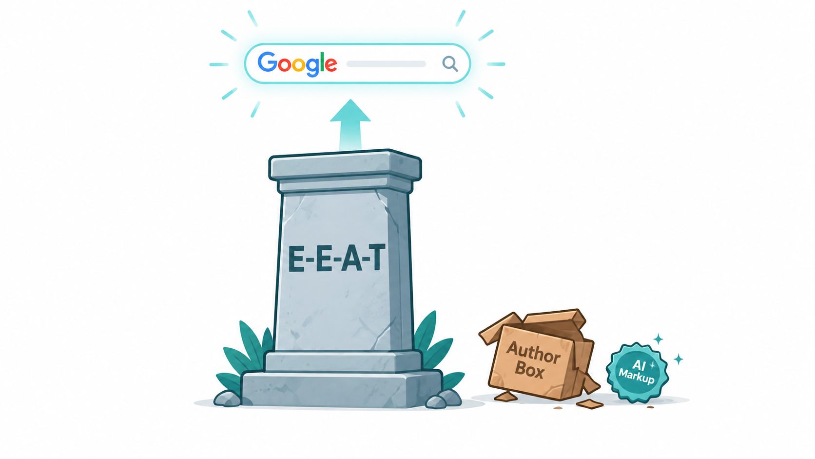 A digital illustration showing a stone pedestal with E-E-A-T written on it, leading to a Google search bar.