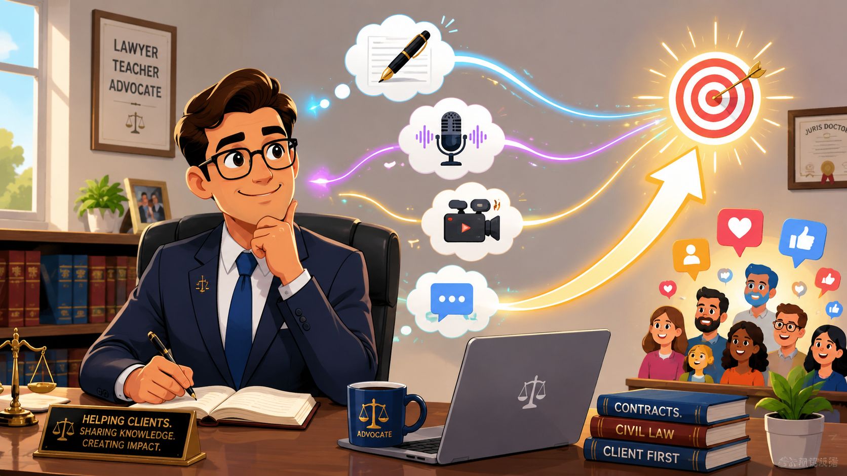 A professional lawyer using content strategies like writing, podcasting, video, and social media to reach clients.