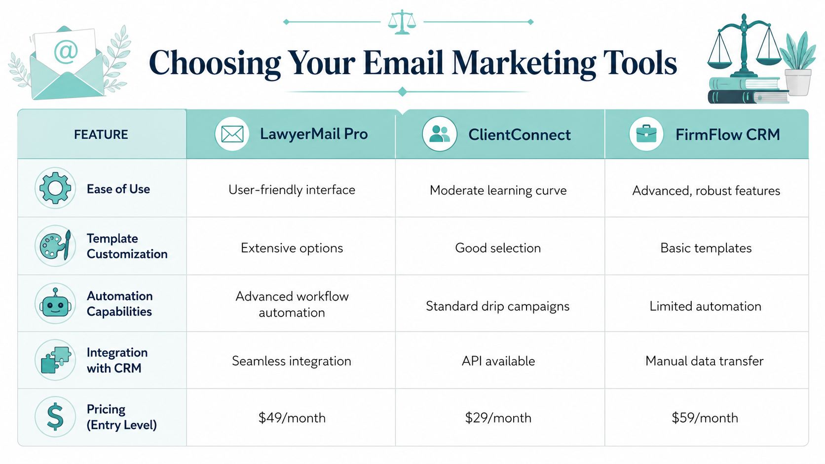 A comparison table for law firm email marketing tools showing LawyerMail Pro, ClientConnect, and FirmFlow CRM features.