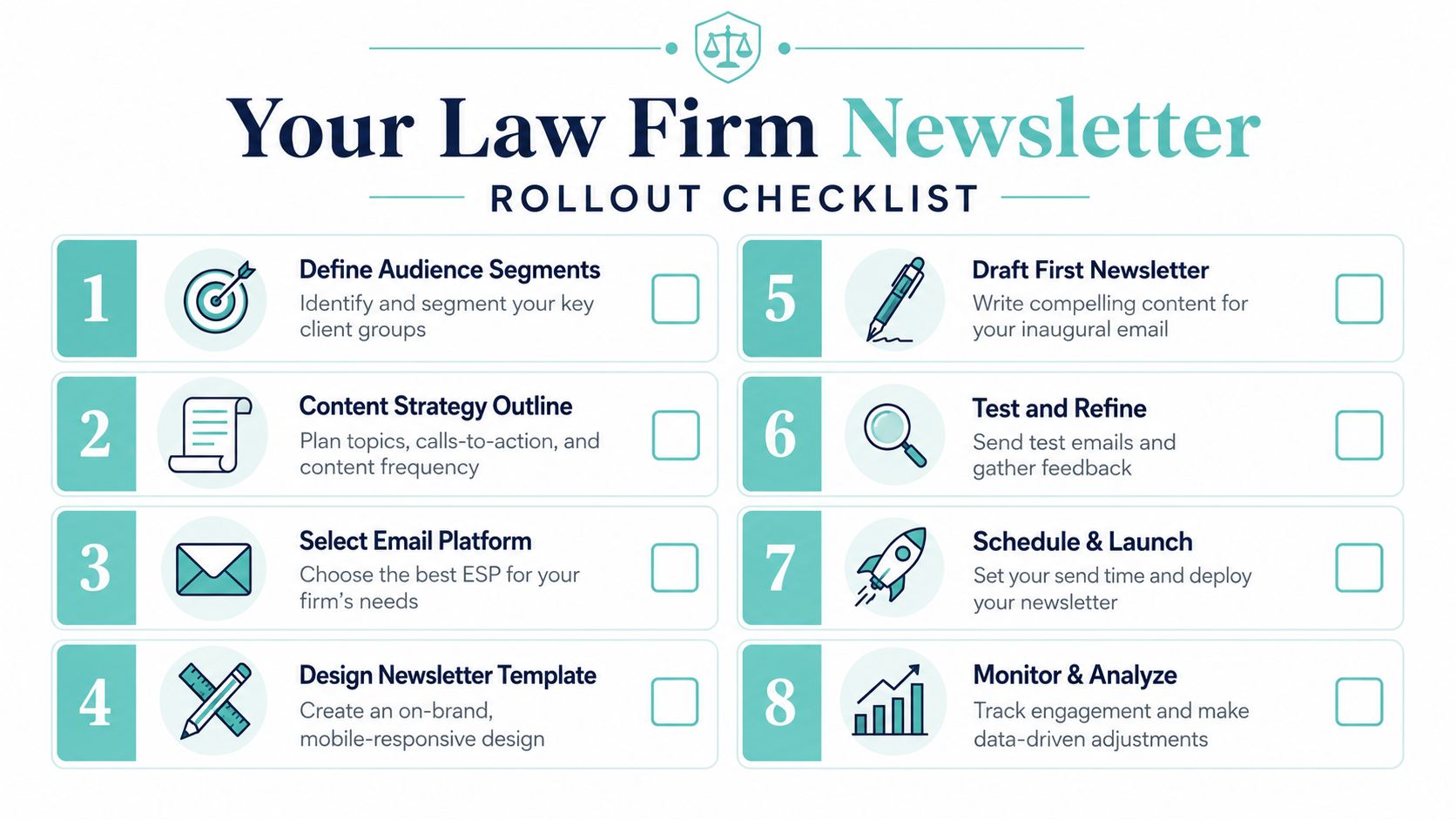 A law firm newsletter rollout checklist infographic with eight numbered steps for successful email marketing strategies.