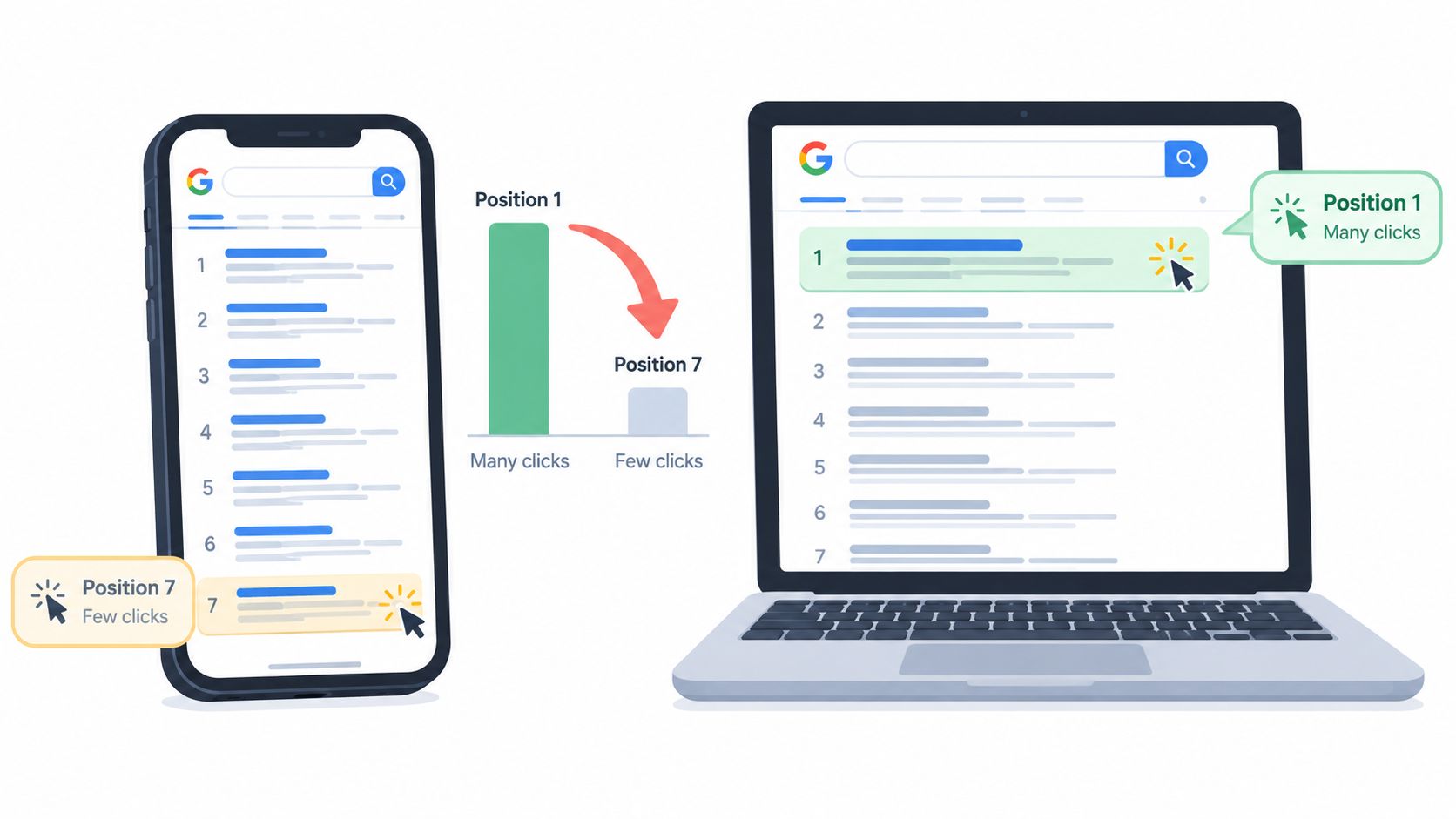 A visual representation showing that search engine results in the top position receive significantly more clicks.