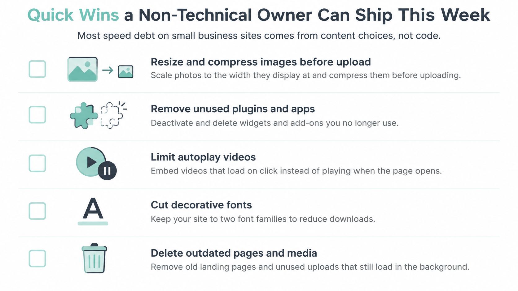 A checklist of quick, non-technical steps to improve website loading speed by optimizing content and media.