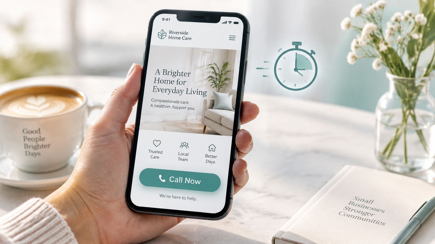 A hand holding a smartphone displaying a home care service website while showing a site speed icon.