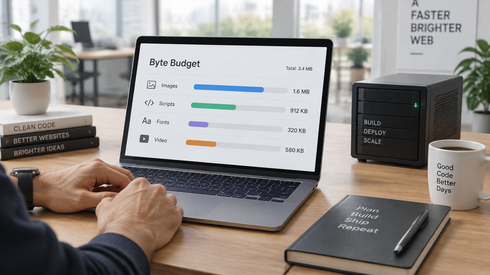 A person working on a laptop displaying a byte budget chart showing website resource usage statistics.